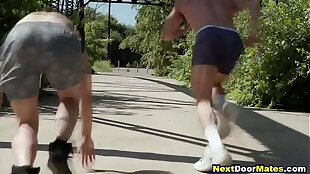 Gay friends workout before bareback anal